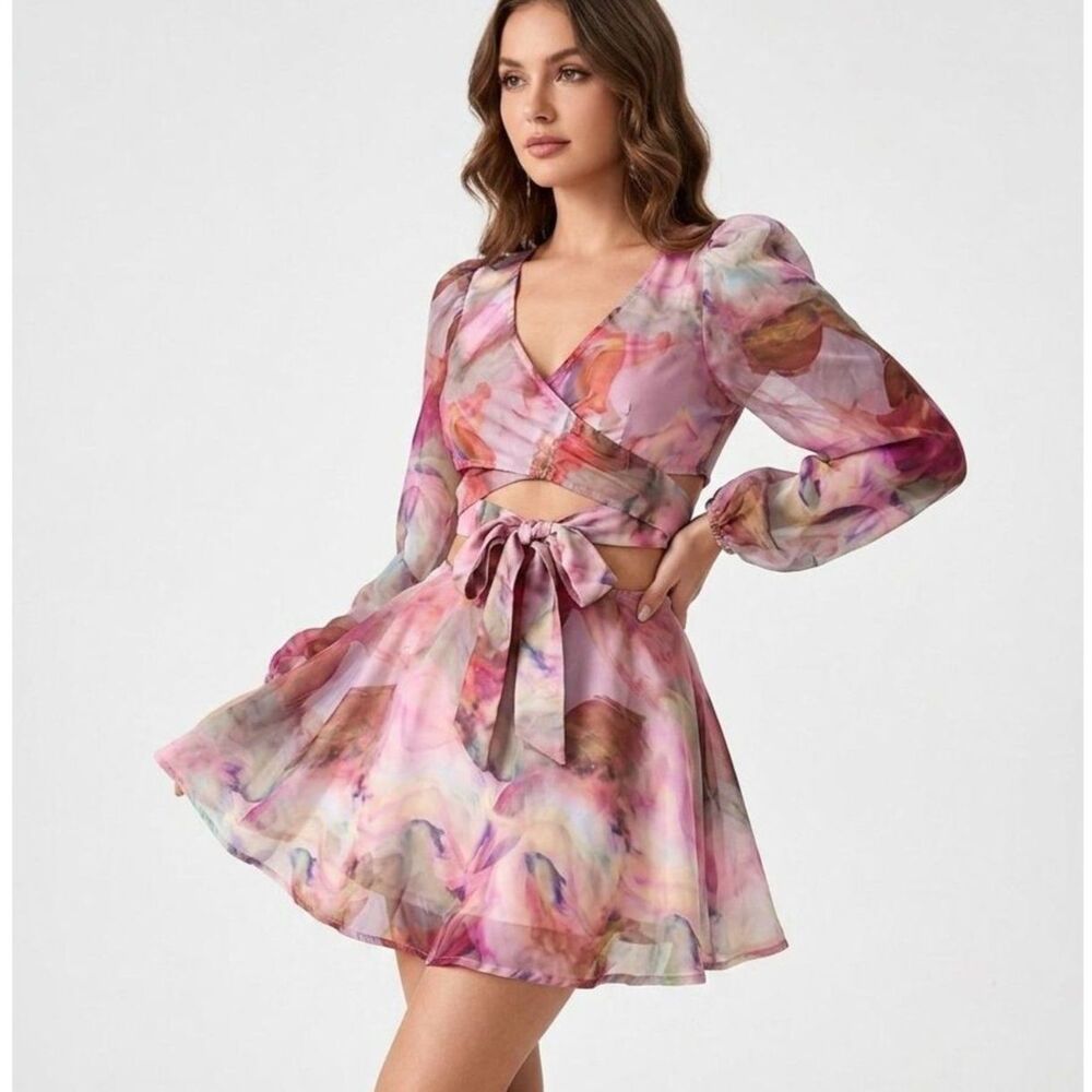 SHEIN 2 Piece Romper Set Floral Pink Chiffon Long Sleeve Skort Shorts Outfit XS